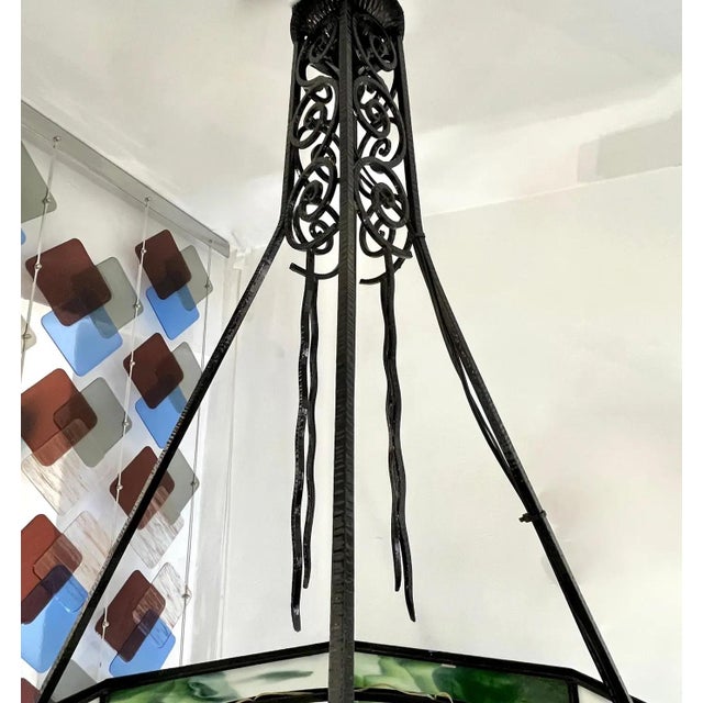 1930s Italian Art Deco White Green Murano Glass Black Iron Lantern For Sale In New York - Image 6 of 12