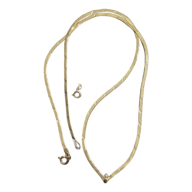Italian 14k Gold Herringbone Chain Necklace With Solitaire Diamond From Vicenza, Italy. For Sale