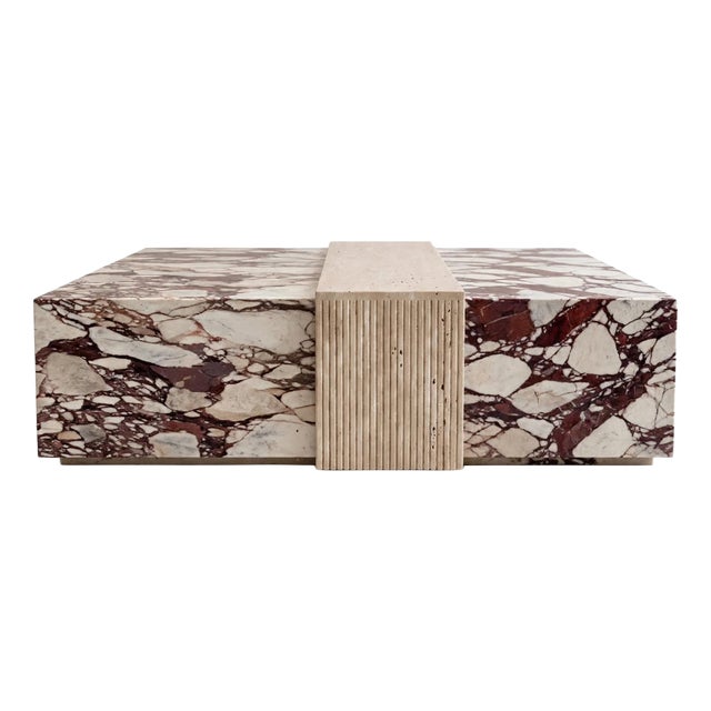 Square Marble Coffee Table in Calacatta Viola and Roman Travertine Marble by Andrea Grasso For Sale