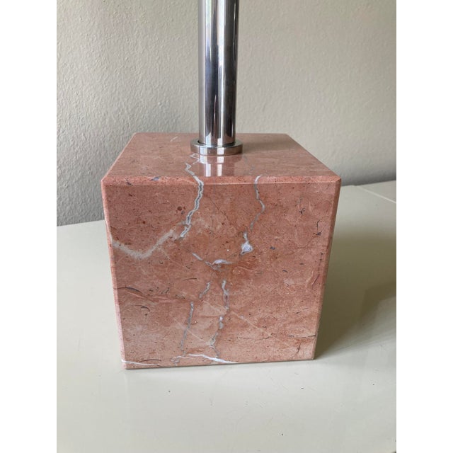 1980s Italian Pink Marble and Nickel Lamp With Gloss Black Paper Shade For Sale - Image 4 of 7