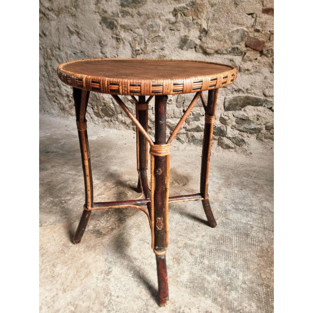 Mid-Century Round Bamboo and Wood Side Table, 1960s For Sale - Image 4 of 11