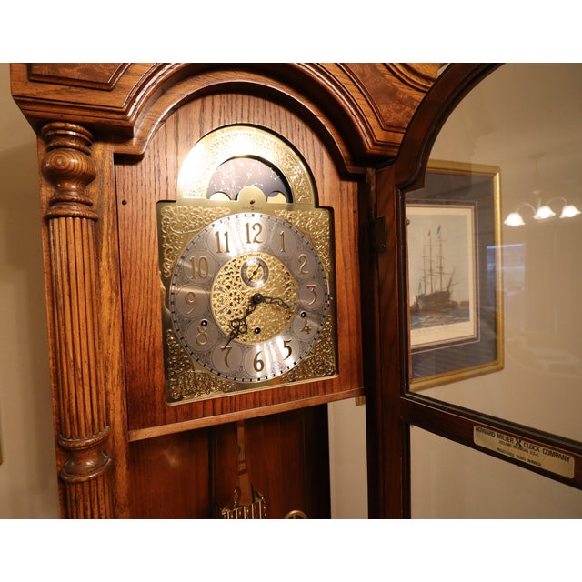 Mid-Century Modern 1990s Howard Miller Oak Grandfather Clock With Kieninger Triple Chime Movement and Moon Dial For Sale - Image 3 of 18