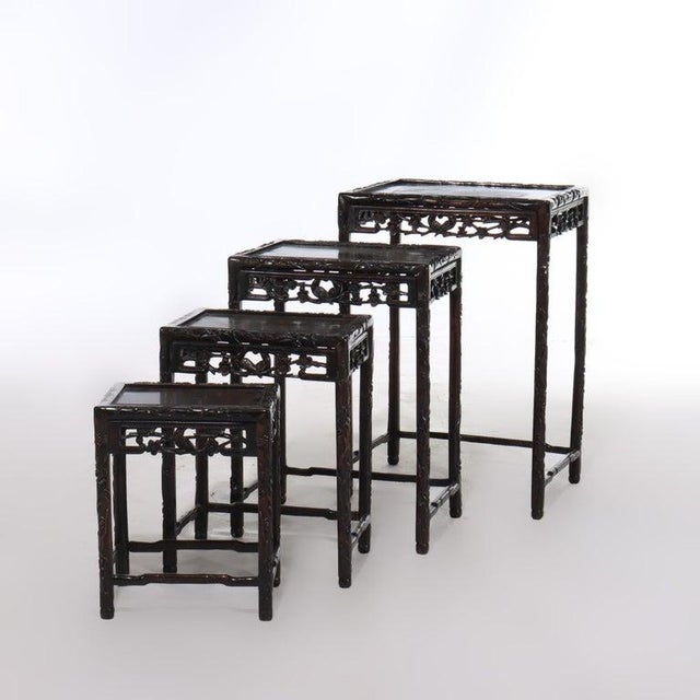 Set of 4 Antique Chinese Floral & Figural Carved Hardwood Nesting Tables For Sale - Image 4 of 13