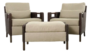 Pair Thomas Pheasant McGuire Rattan Lounge Chairs + Ottoman