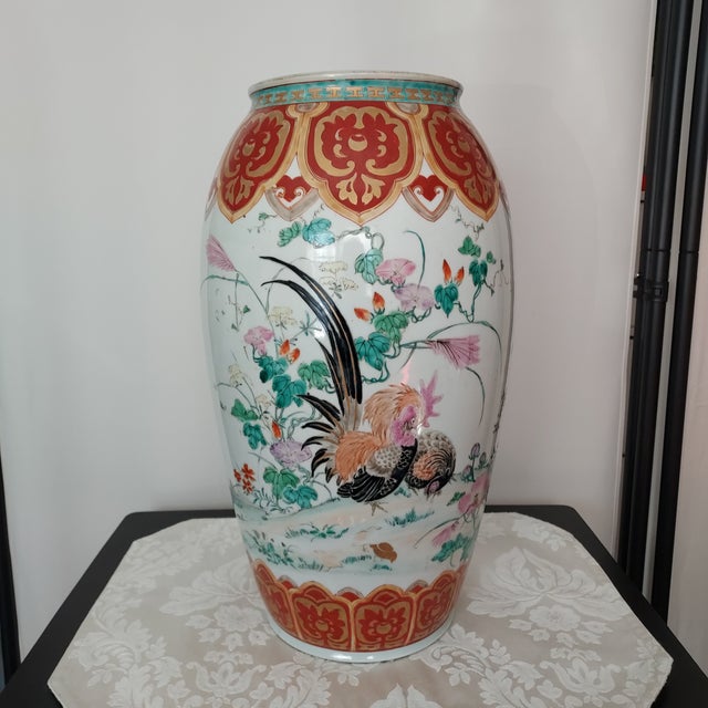Vintage Large Chinoiserie Vase Hand Painted Rooster Hen Floral Gilded 16" Tall Signed For Sale - Image 12 of 18