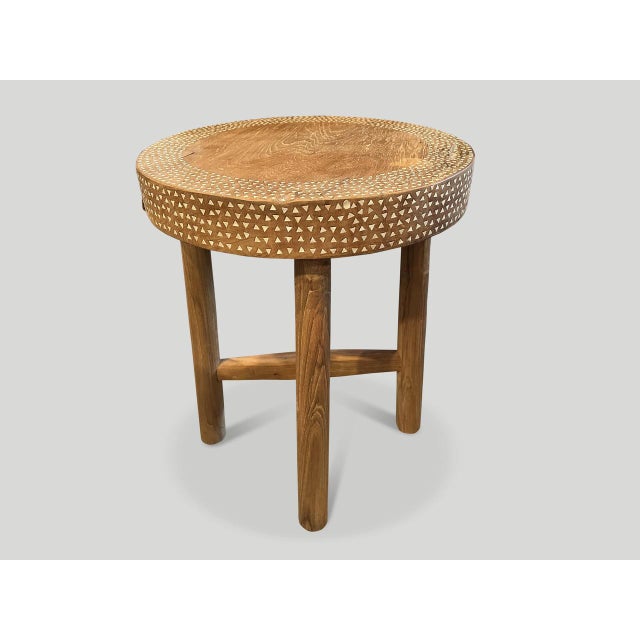 Contemporary Andrianna Shamaris Minimalist Shell Inlaid Teak Round Side Table or Pedestal For Sale - Image 3 of 5