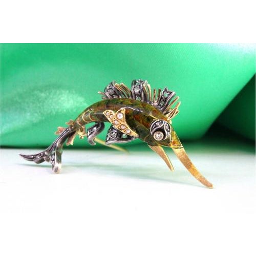 Metal Gold and Silver Brooch with Diamond Flakes and Enamel For Sale - Image 7 of 7