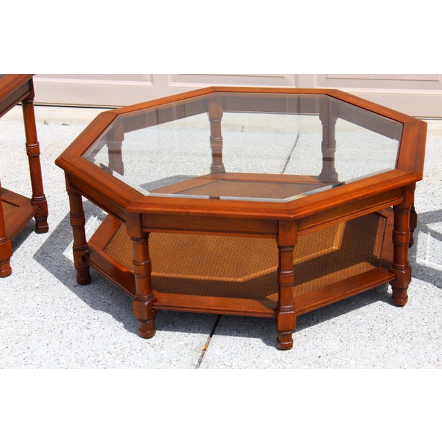 Coffee Vintage 1960s Mid-Century Modern Walnut Octagonal Glass Top & Cane Coffee Table + 2 Matching Hexagonal Accent Tables For Sale - Image 8 of 12