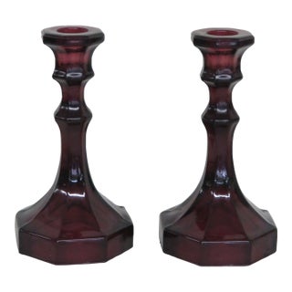 Purple Glass Candle Stick Holders a Pair 4410b For Sale