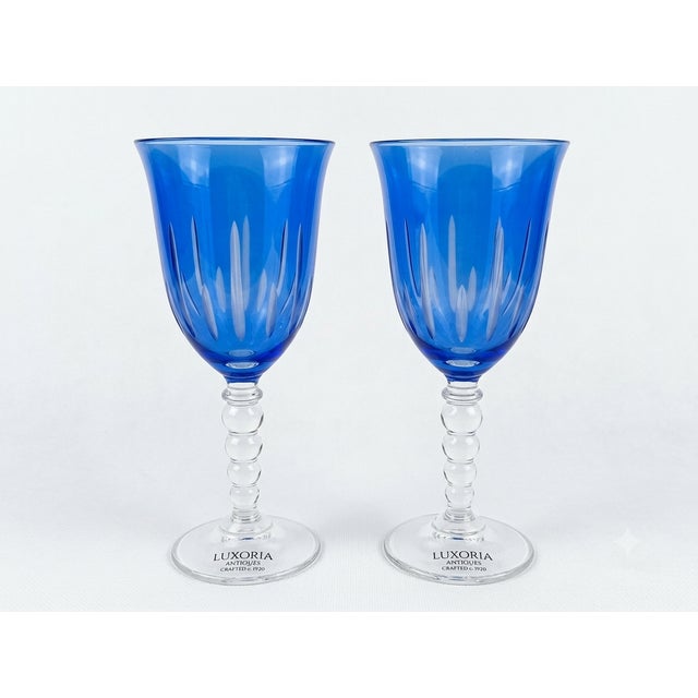 Vintage Blue Crystal Wine Glasses, 1970s, Set of 7 For Sale - Image 3 of 5