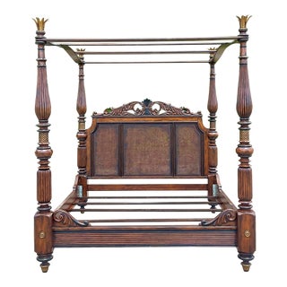 Late 20th Century Vintage Boho Ebony Cane King Canopy Bed For Sale