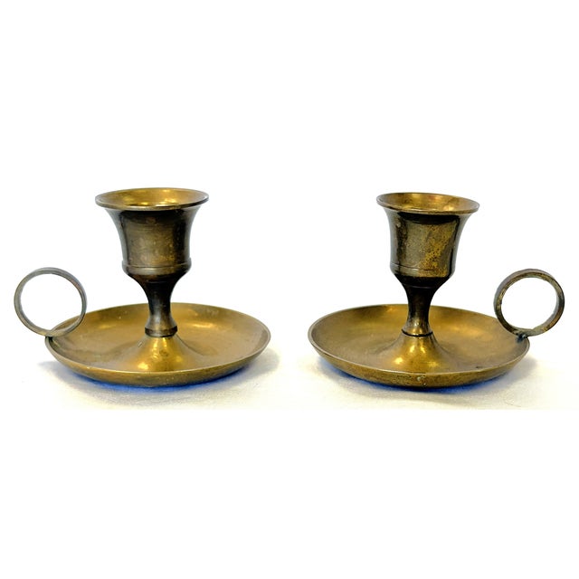 Shabby Chic Vintage Solid Brass Chamberstick Candle Holder Made in India- A Pair For Sale - Image 3 of 11