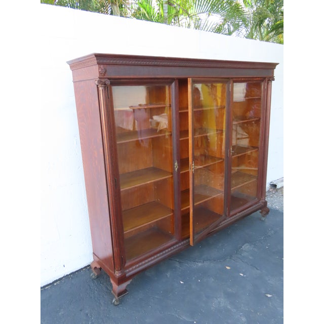 Early 1900s Tiger Oak Long Large China Cabinet Bookcase Cupboard 6583 For Sale - Image 17 of 18