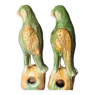 Pair of Vintage Sancai Glazed Parrot Figures – 11.8" Ceramic Bird Sculptures For Sale