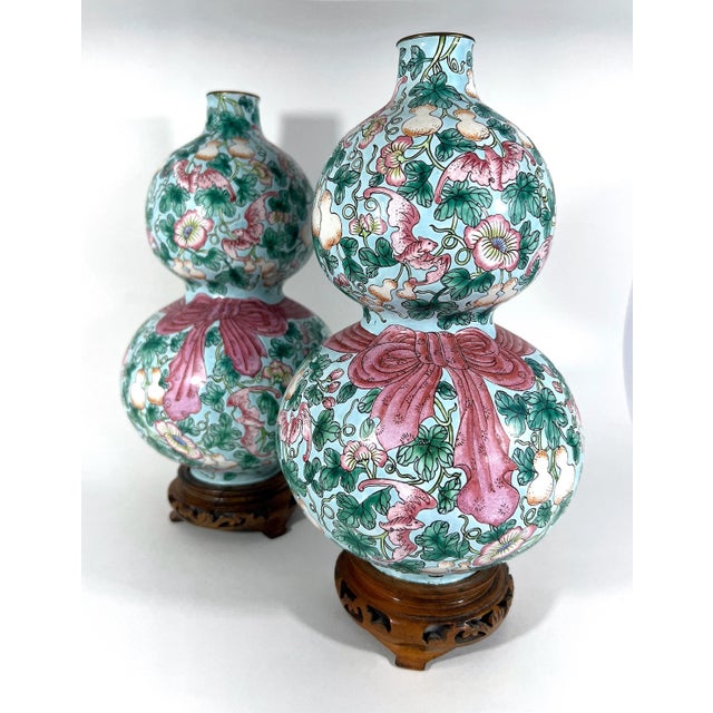 Wood Rare Republic Huluping Chinese Enamel Double Gourd Baby Blue Opposing Vases With Stands - A Pair For Sale - Image 7 of 10