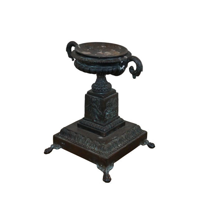 Late 20th century Maitland Smith bronze neoclassical / Grand Tour / tazza style pillar candle holder. Square base with paw...