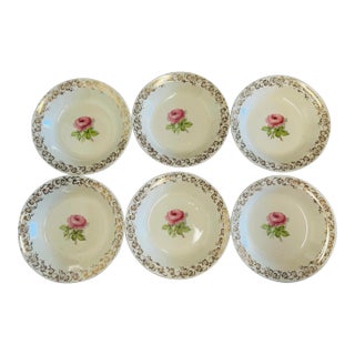 Vintage Taylor Smith Golden With Pink Flower Soup Bowls Set of 6 For Sale