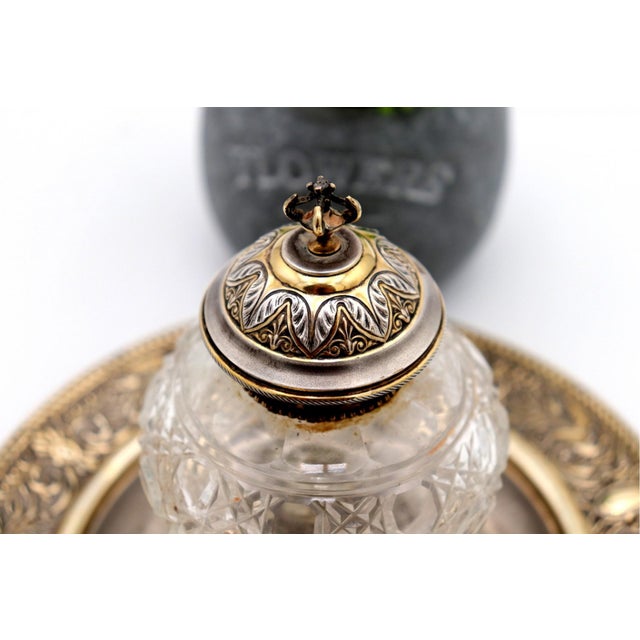 Cut Glass Inkwell with Silver Lid and Knob For Sale - Image 4 of 6