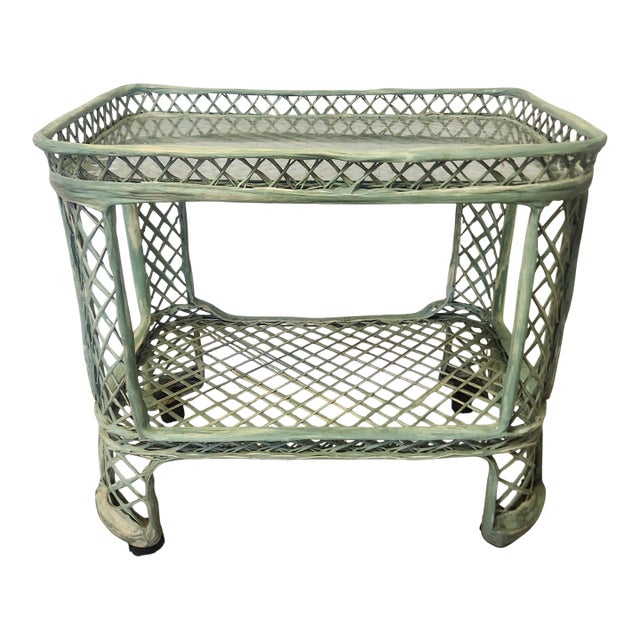 Vintage Rolling Bar Cart Green Basketweave For Sale