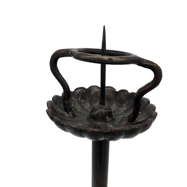 Mid 20th Century Lotus Candle Holders - Vintage Japanese Style Bronze - Set of 2. For Sale - Image 5 of 7