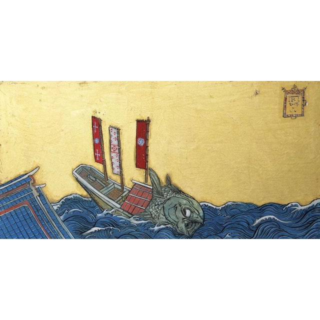 Study for a Fish at Sea with Three Flags, Ink, Egg-Tempera and Gold Leaf on Panel, 2018 For Sale - Image 3 of 5