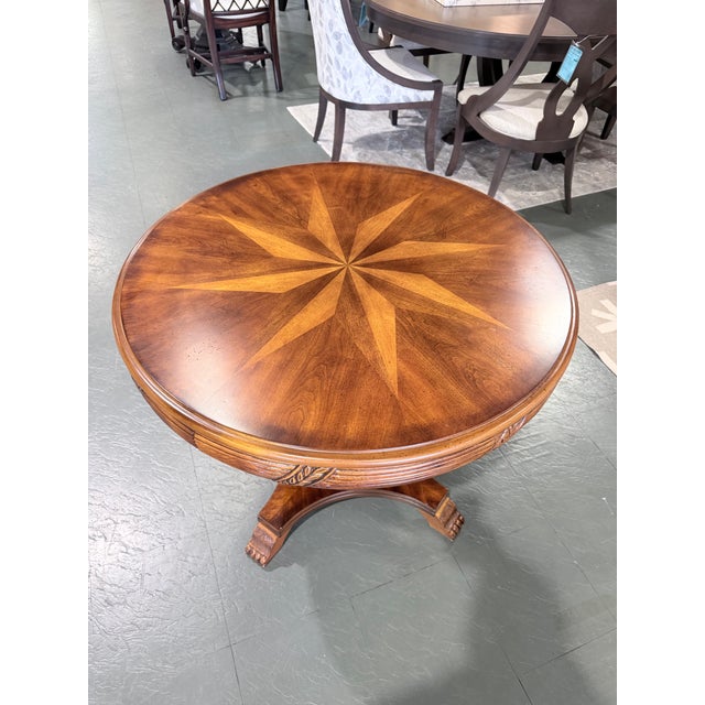 Neoclassical Vintage Mahogany Compass Star Inlaid Accent Table With Carved Pedestal Base For Sale - Image 3 of 8