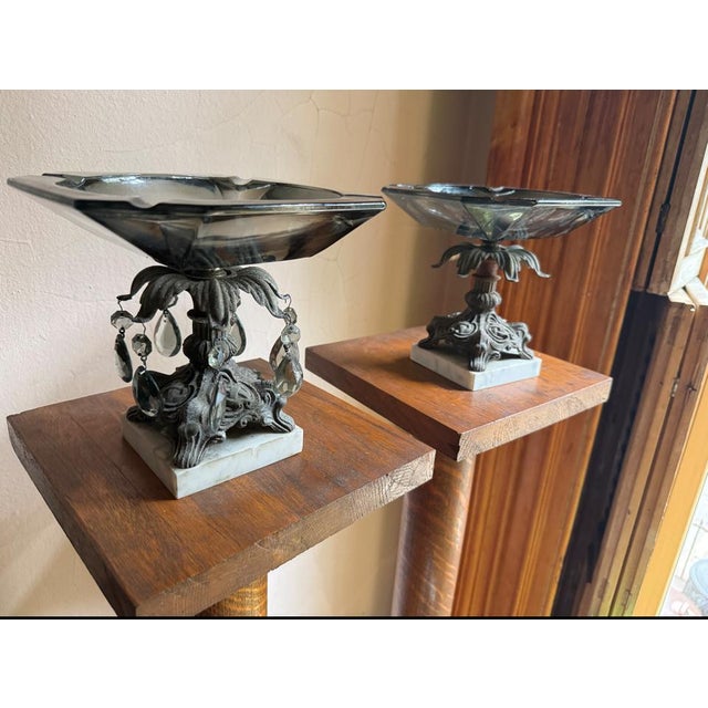 Mid-Century Modern 1950s Hollywood Regency Pedestal Centerpiece Bowl, Smoky Glass Ashtray With Marble Base For Sale - Image 3 of 15