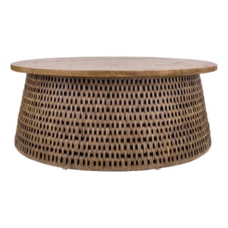 Rattan Coffee Table W/ Wood Top For Sale