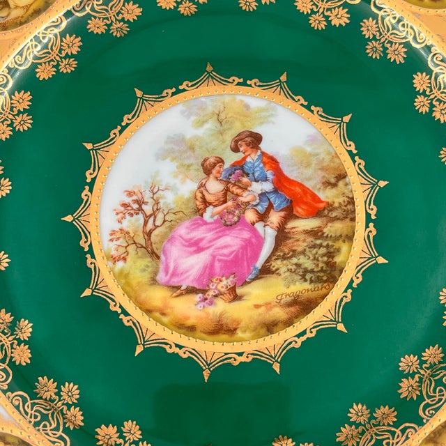 Victorian Vintage Fragonard Love Story Plates, Royal Vienna Bavarian Porcelain, Green & Gold - Set of 2 For Sale - Image 3 of 12