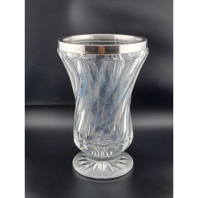 Antique Tall 8 inch 19th C. Cut crystal vase with 835 European silver collar rim For Sale - Image 4 of 12