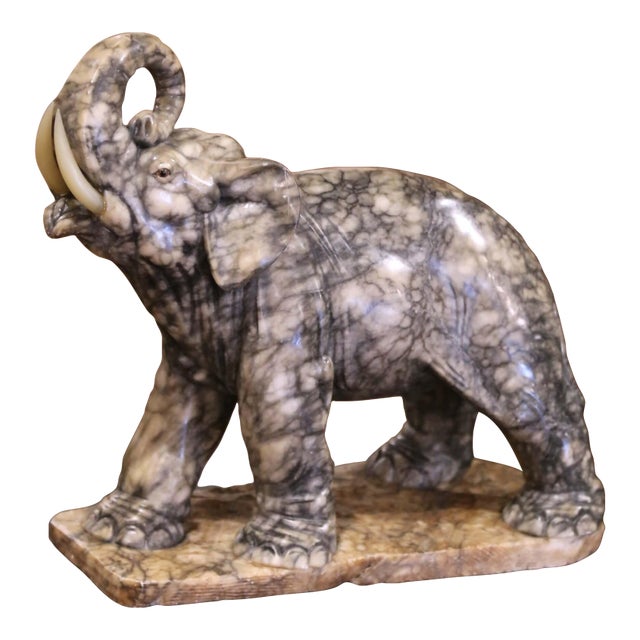 19th Century French Carved Variegated Marble Elephant With Raised Trunk For Sale