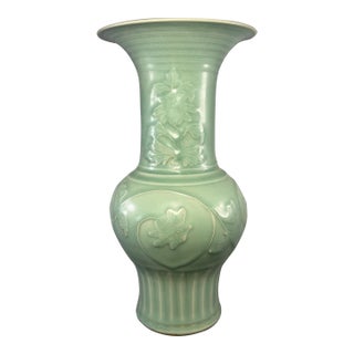 Ancient Chinese Longquan Celadon Peony Relief Gu Vase | One of a Kind For Sale