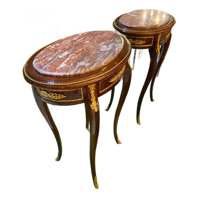 1960s French Louis XV Mahogany End Tables Gilt Bronze, Marble Top Pair For Sale