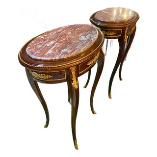 Pair of French Louis XV Mahogany End Tables Gilt Bronze, Marble Top For Sale