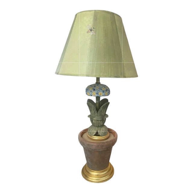 Vintage Whimsical Botanical Terra Cotta Pot Table Lamp For Sale