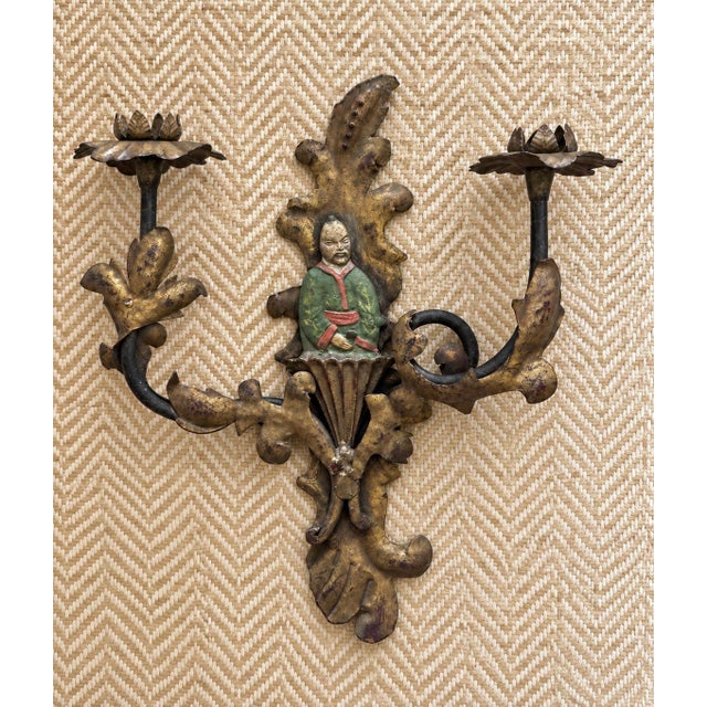 Pair of Vintage Chinoiserie Figural Gilt Metal Candle Wall Sconces For Sale - Image 4 of 12