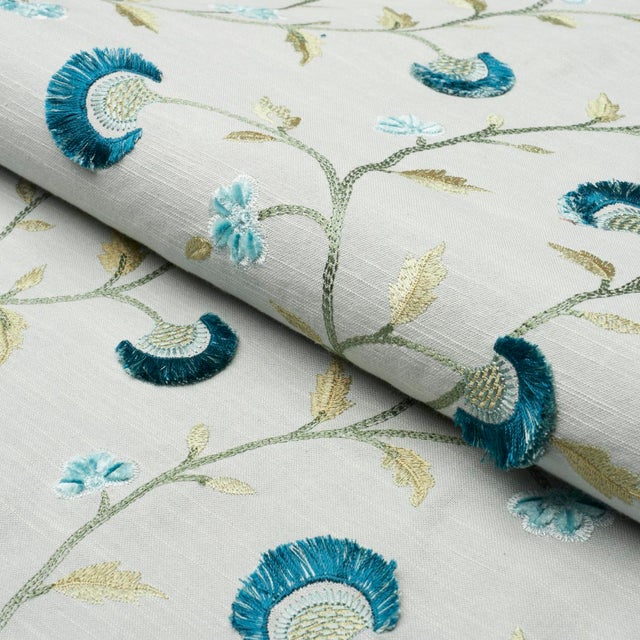 Schumacher SAMPLE - Schumacher Iyla Embroidery Fabric In Mineral & Teal For Sale - Image 4 of 4