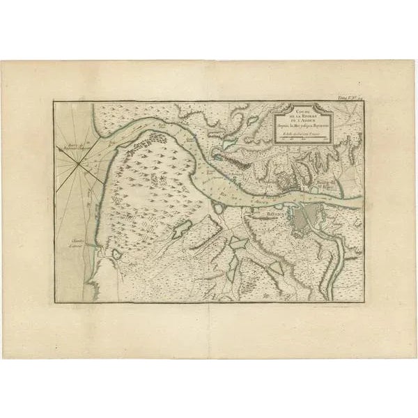 Antique map titled 'Cours de la riviere de l'Adour depuis la mer jusqua Bayonne'. Original old map of the Adour river,...