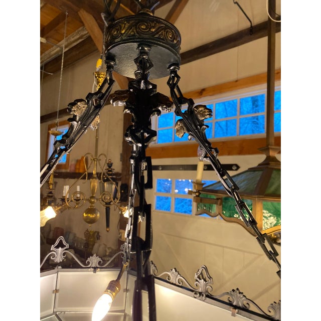 American Vintage 1920s Brass and Frosted Glass Hanging Fixture Attributed to Caldwell For Sale - Image 3 of 11