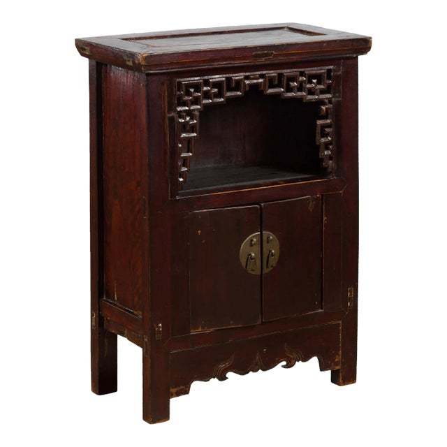 19th Century Chinese Qing Dynasty Side Cabinet with Fretwork Shelf & Doors For Sale