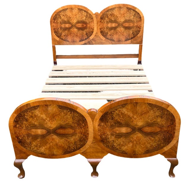 Absolutely spectacular Art Deco Double Bed. Raised on cabriole legs this bed is a rare and wonderful example of Art Deco...