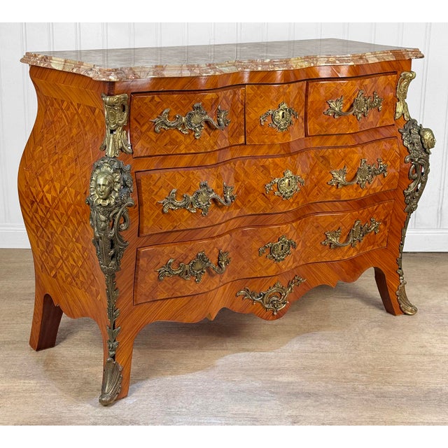 Vintage French Louis XV Marble Top Bombe Commode Dresser Chest of Drawers For Sale - Image 4 of 16