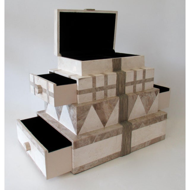 Off-white Vintage C.1980's "Monet's" Renoir Tessellated Stone & Wicker, "Behemoth," 4-Tiered Jewelry Box For Sale - Image 8 of 12