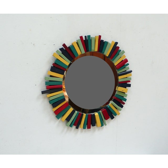 1960s Wall Mirror Round with Colorful Rustic Wooden Frame, 1960s For Sale - Image 5 of 5