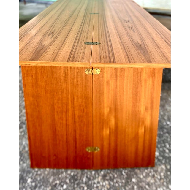 Wood Danish Late Mid Century Fold-Open Teak Dining or Console Table With Hinged Tabletop and Legs | by Sannemann Denmark For Sale - Image 7 of 12