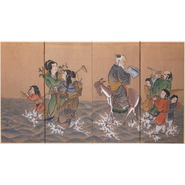 Lovely vintage painted folding screen depicts a scene with figures crossing turbulent ocean waves. You can see classic...