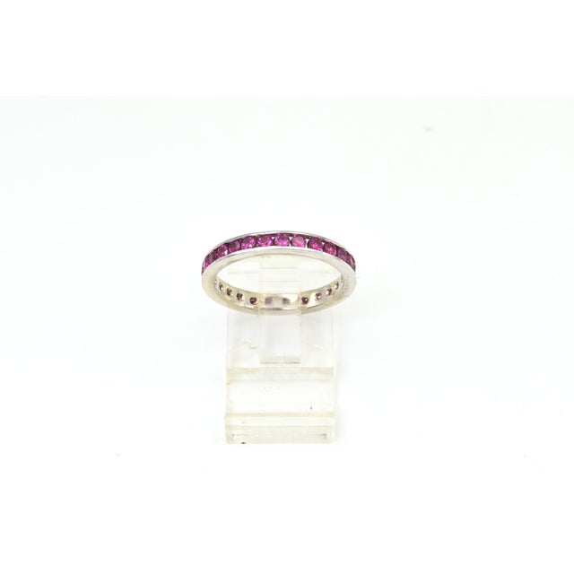 Contemporary Vintage 18k White Gold Channel Set Ruby Eternity Band Ring Size 8 3/4 For Sale - Image 3 of 8