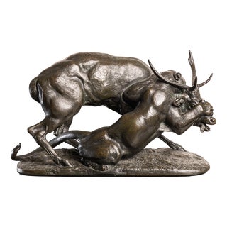 Antoine-Louis Barye, Panther & Stag Hunting Scene, 1800, Bronze For Sale