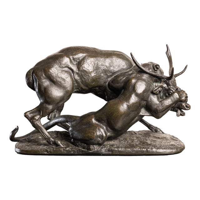 Antoine-Louis Barye, Panther & Stag Hunting Scene, 1800, Bronze For Sale