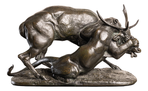 Antoine-Louis Barye, Panther & Stag Hunting Scene, 1800, Bronze